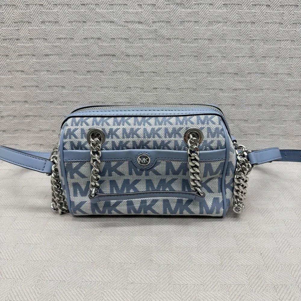 Michael Kors Blaire Crossbody Bag Womens Small Light Blue Monogram‎ Chain Strap
